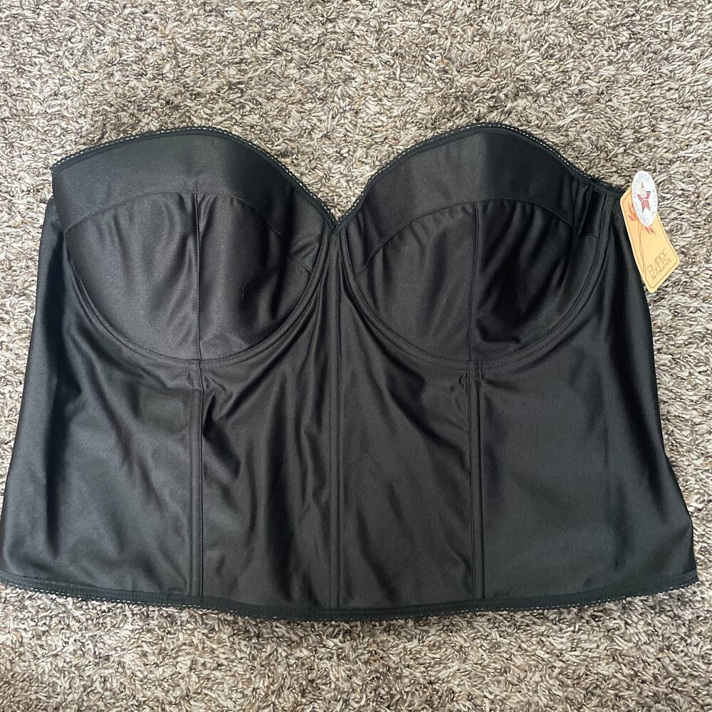 Vintage Corset Bustier Plus Size 52DD Black Satin Lace Trim Lingerie Boudoir Bra
